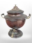 A Victorian copper and brass samovar, height 35cm.
