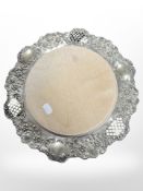 A pierced silver-plated serving dish with inset wooden panel, diameter 31cm.