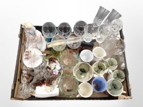 A box of crystal drinking glasses, Gianni porcelain figure, commemorative mugs, Aynsley vase, etc.