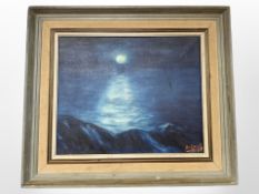 Danish school : Moonlight over water, oil on canvas, 38.5cm x 31.5cm.