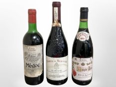 Three vintage bottles of red wine, Louis Fontaine Médoc 1981, Rioja Gran Reserva 1978 Monte Real,