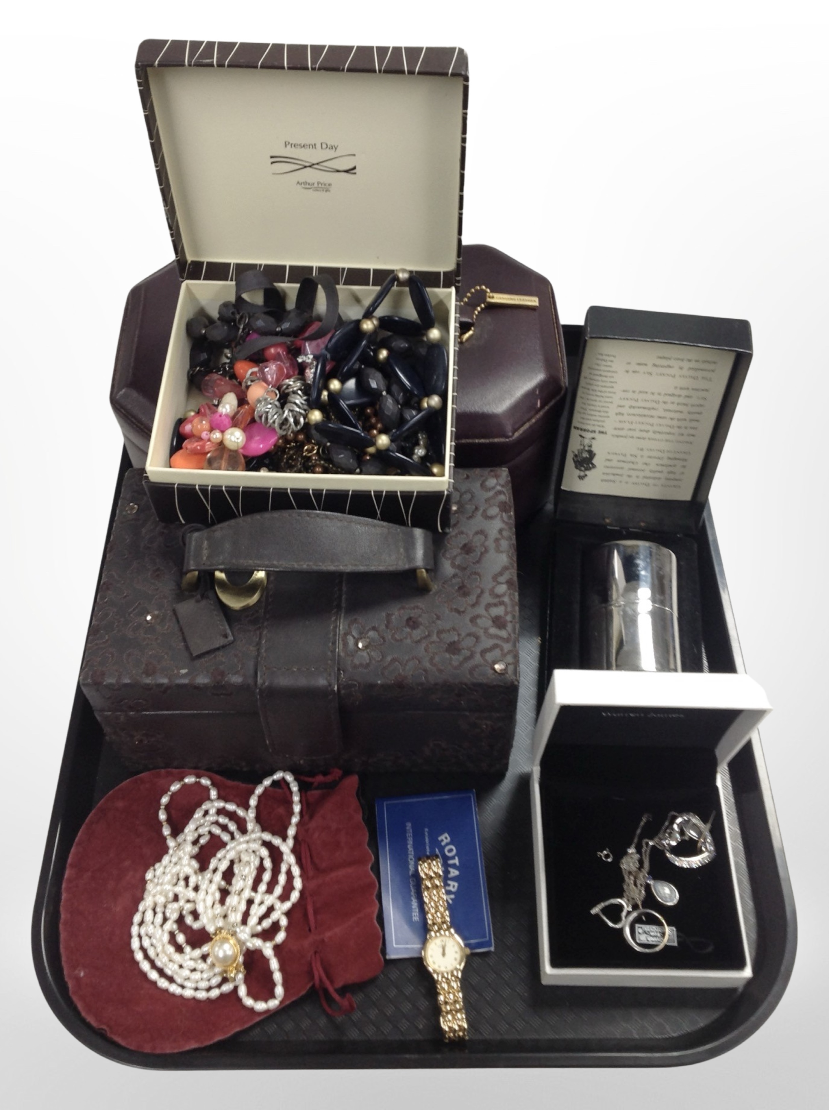 A group of contemporary jewellery boxes containing silver and costume jewellery, pearl necklace,