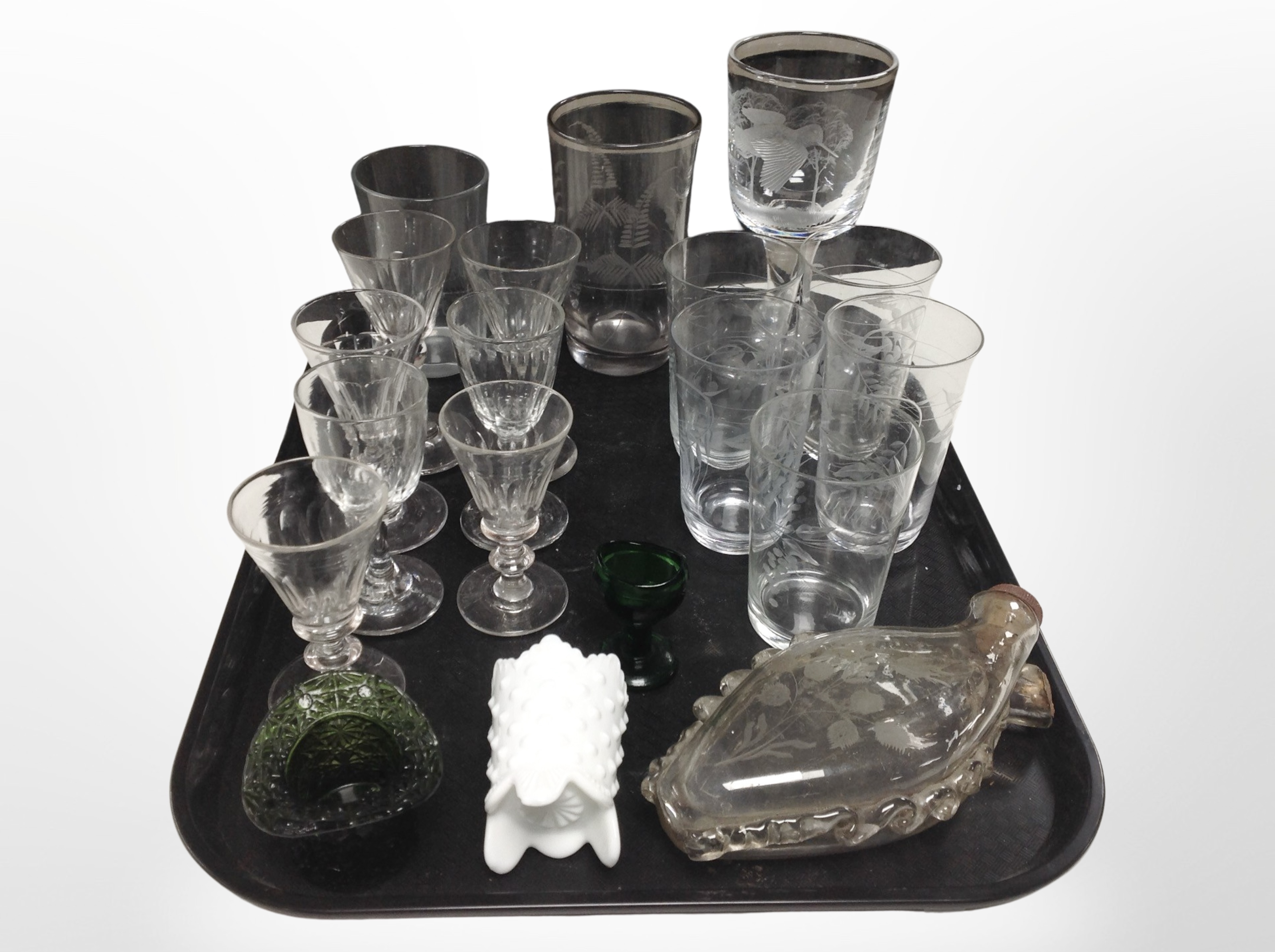 A group of 19th-century and later glassware including an etched crystal ale glass depicting a
