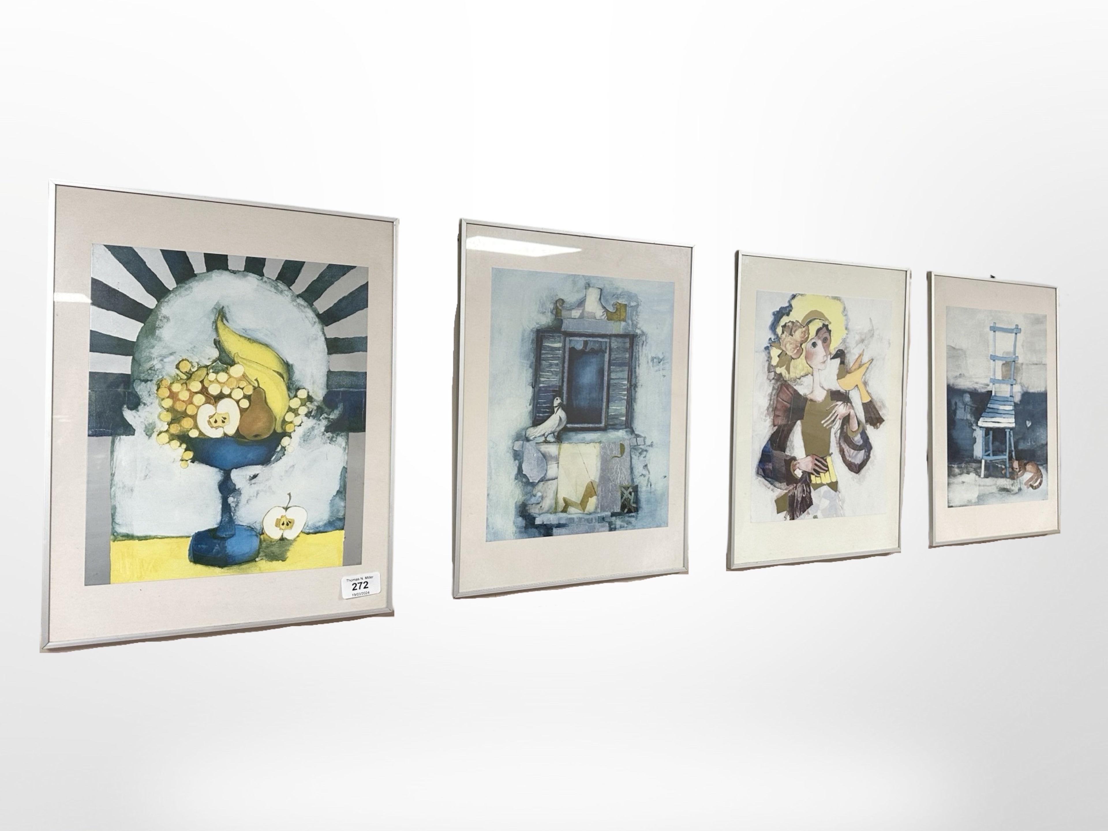 Four colour prints depicting still lifes and a figure with birds, each 30cm x 40cm (4).