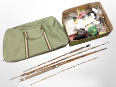 A group of fishing equipment including vintage split cane rods, flies, line, fishing bag, etc.