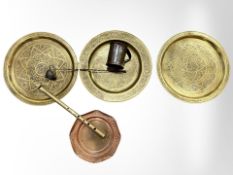 Three engraved brass plates, copper example, a brass recorder,