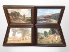 A set of four landscape prints in burr walnut effect frames