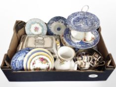 A box of silver plated entree dish, ceramics to include Copeland Spode,