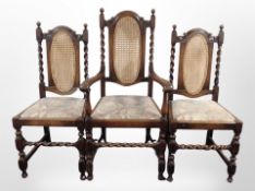 Six early 20th century oak barley twist dining chairs