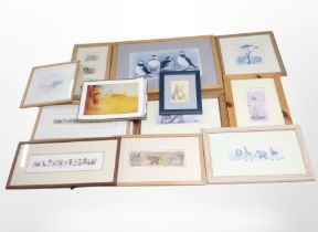A quantity of pictures and prints, Alex Clark print of puffins, nursery prints, etc.
