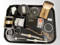 A collection of wristwatches, ladies' watches, gold-plated chain, bangle.