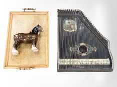 A Columbia Mandolin harp together with vintage wooden tray and a Beswick shire horse