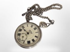 An open-faced pocket watch, signed 'Army Services', with plated Albert chain.