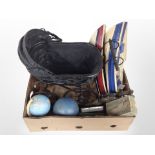 A box of two painted model boats, doll's pram, globes, pair of bellows,