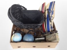 A box of two painted model boats, doll's pram, globes, pair of bellows,