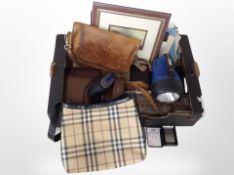 A box of vintage and later cameras, cutlery, Zippo lighter, torch, ladies' bags,