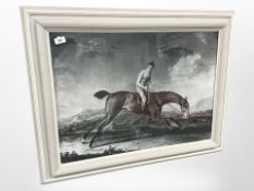 A monochrome print depicting an 18th-century jockey on horseback, 73cm x 53cm.