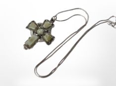 A Celtic-style agate-set silver crucifix pendant on chain, crucifix 4cm long.