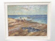 E Holgaard : Fishing boats at low tide, oil on canvas, 48cm x 38cm.