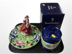 A boxed Royal Doulton figure 'Top o' the Hill' HN1834, a Maling flower vase and plate.