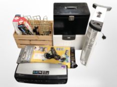 An electric radiator, laminator, two pine crates, metal filing box,