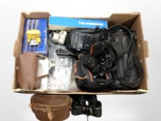A box of vintage cameras, Zenit, pair of Bausch & Lomb binoculars,