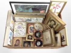 A box of reproduction Russian icons, assorted 19th-century and later pictures and prints,