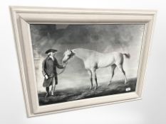 A monochrome print depicting an 18th-century gentleman standing by a white horse, 73cm x 53cm.