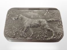 A James Dixon & Sons Cornish pewter snuff box depicting a pointer, width 6.5cm.