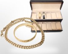 A gent's gold-plated curb link necklace, length 50cm, and a hinged bangle,