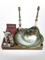 A box containing pair of onyx and brass lamp bases, pottery wash jug and basin,