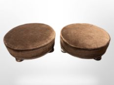 A pair of Victorian circular footstools in brown fabric,