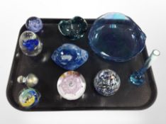 A group of studio glass ware and paperweights including Selkirk glass.