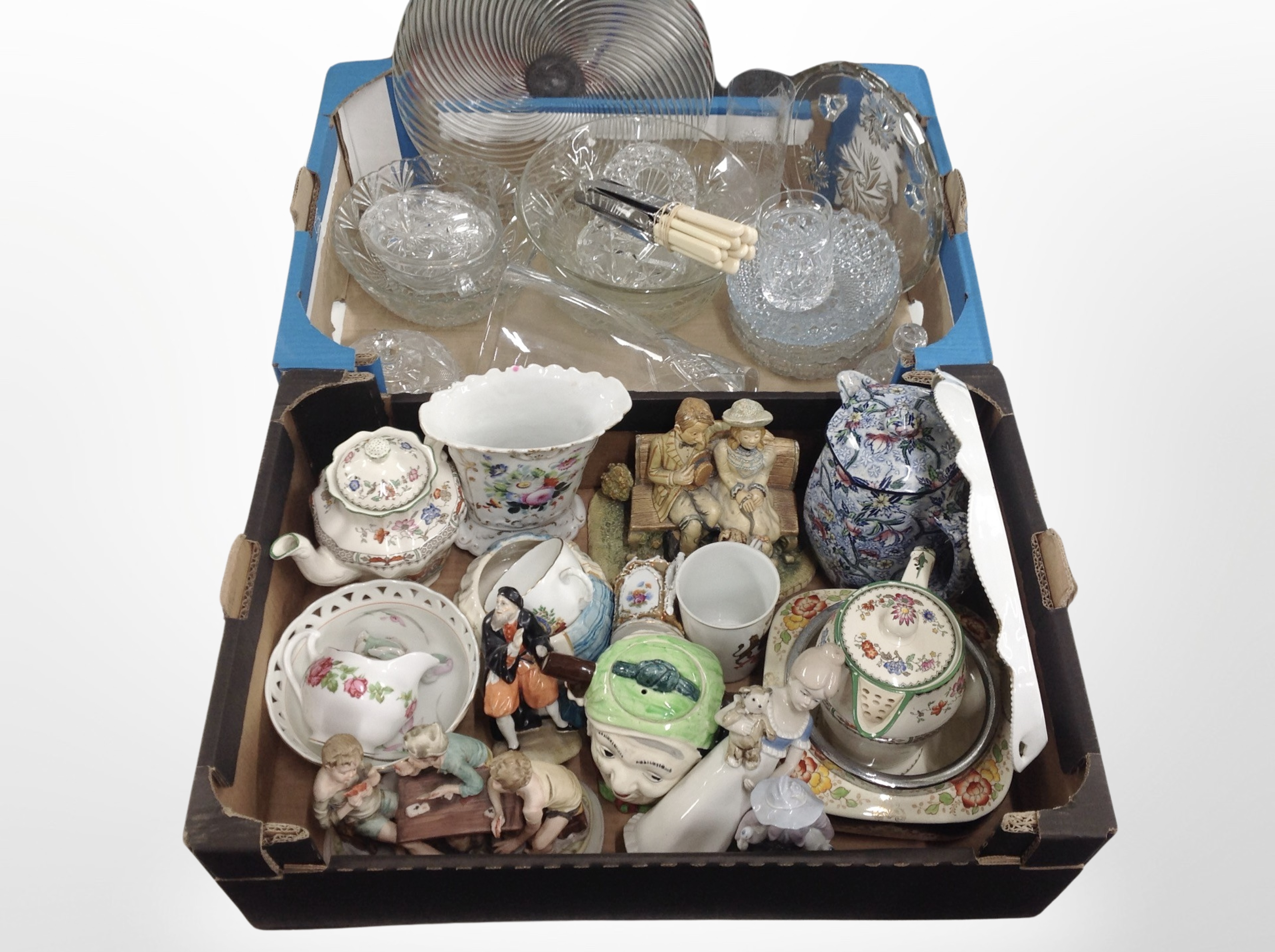 Two boxes containing 20th-century glasswares, Ringtons Chintz teapot, other ceramics, figurines.