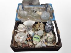 Two boxes containing 20th-century glasswares, Ringtons Chintz teapot, other ceramics, figurines.