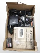 A box containing radio transceivers, including Fidelty, Kernow, electrical gauges and meters, etc.