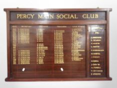 A Percy Main Social Club mahogany committee board, overall 92cm x 64cm.