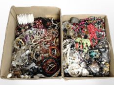 Two boxes containing a large quantity of costume necklaces, bracelets, bangles, etc.
