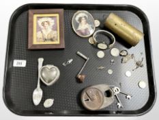 A group of collectibles to include vintage padlock with keys, an Edinburgh silver spoon, coins,
