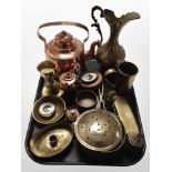 A group of brass and copper wares including teapots, turned wooden-cased barometer,