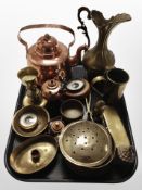 A group of brass and copper wares including teapots, turned wooden-cased barometer,