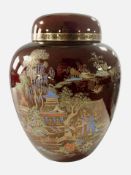 A Crown Devon chinoiserie red lustre ginger jar and lid, height 23cm.