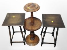 A turned beech smoker's stand and a pair of bobbin turned tables,