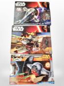 Three Hasbro Star Wars models, The Inquisitor's Tie Advanced Prototype, Desert Landspeeder,