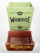 Two painted pine Wiibroe crates, width 44cm, and a Carlsberg crate.