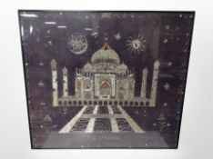 An Indian velvet and silver thread embroidery depicting the Taj Mahal, dated 1944,