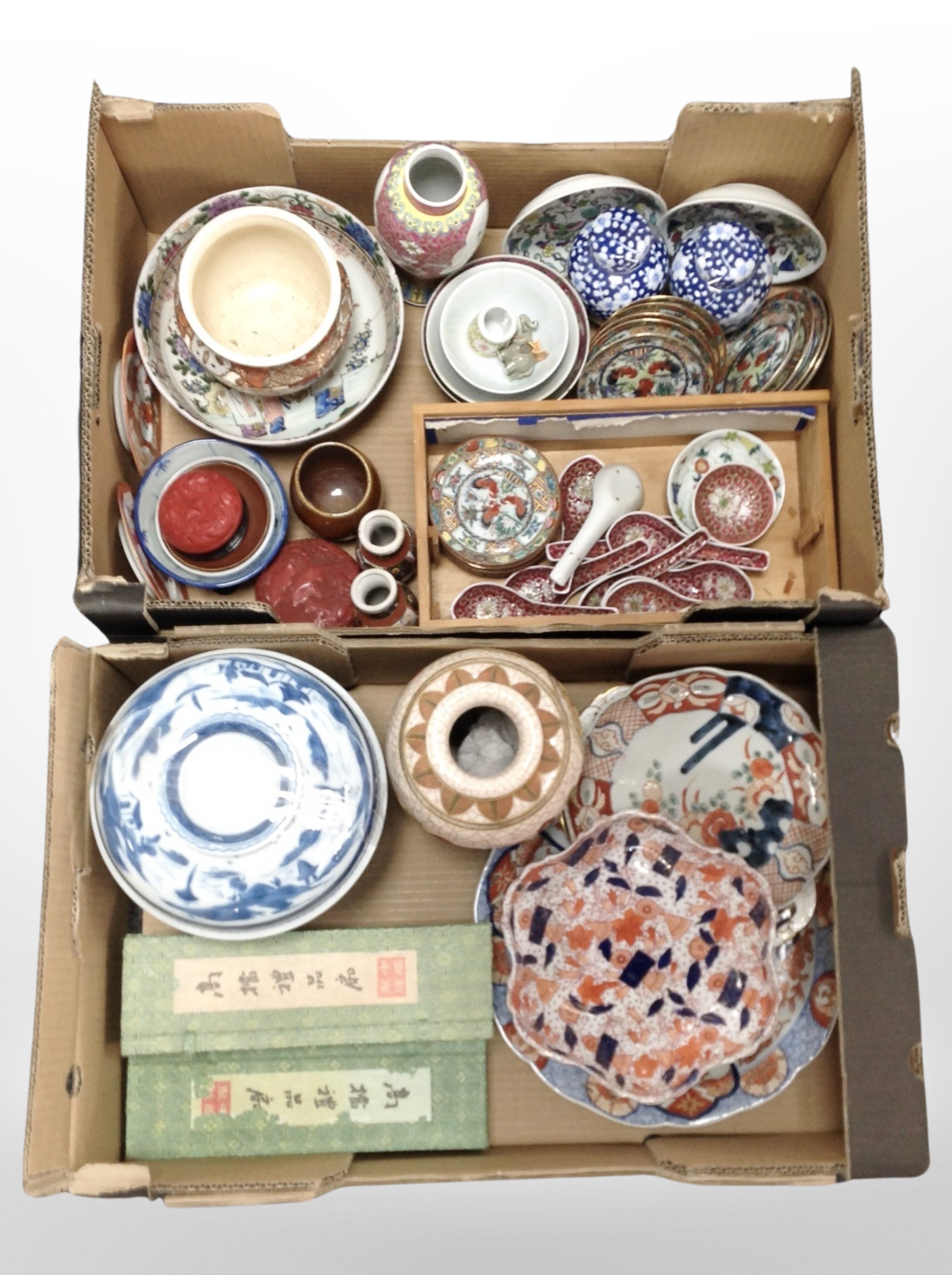 Two boxes of 20th-century Chinese and Japanese export items including Imari porcelain,