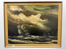 P J Wintrip : Tall ship approaching cliffs at high seas, oil on canvas, 76cm x 59cm.
