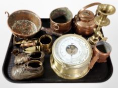 A Schatz brass-cased circular barometer, together with other brass and copper wares, kitchenalia,