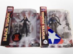 Two Marvel Select figurines, the Winter Soldier and Black Widow, boxed.